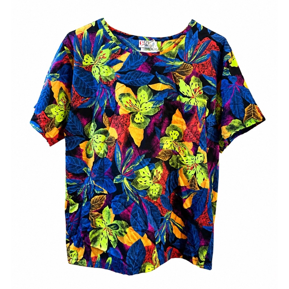 VTG‎ Cristin Stevens Tropical Floral Blouse Womens Large NWT Bright Top 90s